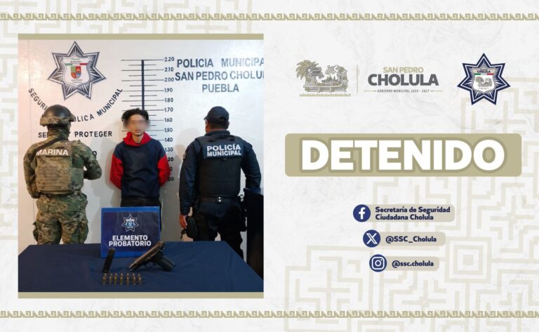 Detienen en Cholula a portador de arma de fuego